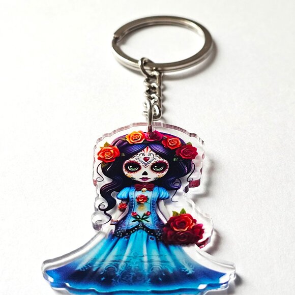 Day of the Dead Girl Sugar Skull Acrylic Keychain Blue Charm Dia de los Muertos - Picture 2 of 4